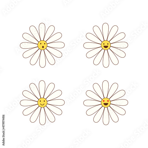 Fototapeta Naklejka Na Ścianę i Meble -  cute cartoon daisy flowers set. funny vector illustration of chamomile flowers with smiley faces and hearts. hippie symbol, peace and love, isolated on white background