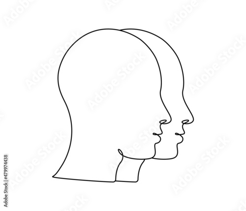 BPD concept with human head. Contour drawing two faces of bipolar disorder or borderline personality disorder. Emotional dualism and Split Personality Disorder. Mental illness. Vector illustration