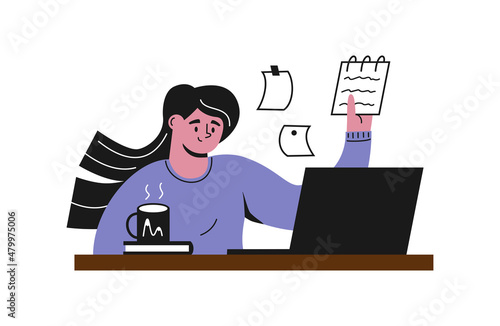 Cartoon illustration girl or woman sitting at the table with laptop and notebook in hand. Student home education. Distance learning. Online remote study concept. Flat vector cute character. Isolated.