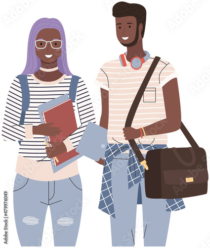 Back to school, study, learning, knowledge and education concept. Diverse college, university students from Africa. Young people, multicultural man and woman. Multinational couple of students