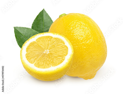 Ripe lemons and halves with leaves isolated on white background, Juicy Lemon.