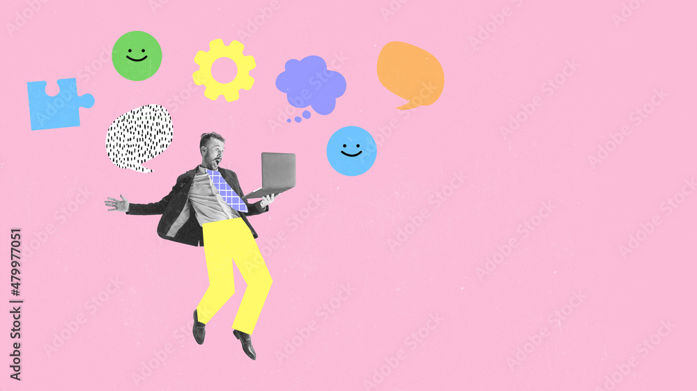Excited stylish worker, businessman using laptop isolated on pink background with dust effect. Contemporary collage Excited stylish worker, businessman using laptop isolated on pink background with dust effect. Contemporary collage