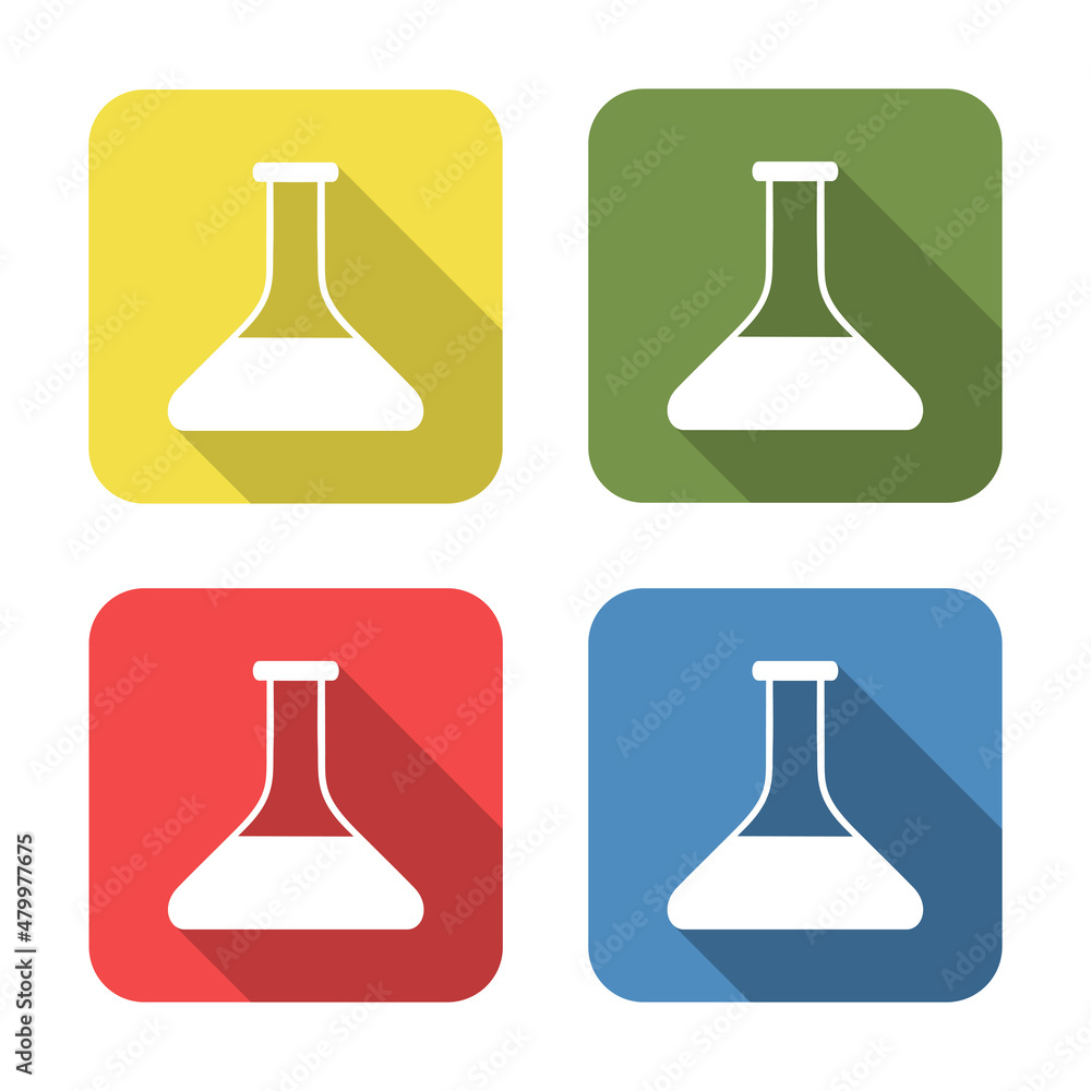 Test tube. Medical icon isolated on green, yellow, blue and red background. First aid. Healthcare, medical and pharmacy sign. Square button. Test tube. Medical icon isolated on green, yellow, blue and red background. First aid. Healthcare, medical and pharmacy sign. Square button.