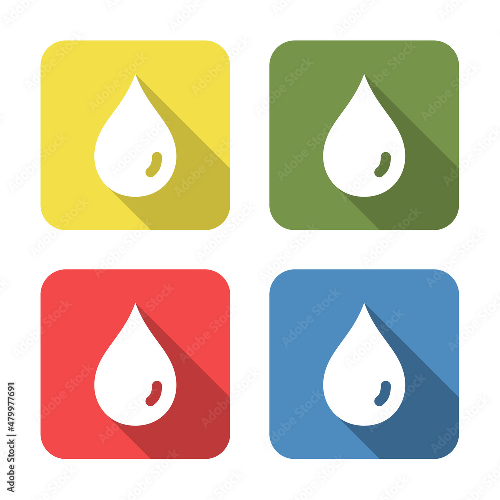 Drop. Medical icon isolated on green, yellow, blue and red background. First aid. Healthcare, medical and pharmacy sign. Square button. Drop. Medical icon isolated on green, yellow, blue and red background. First aid. Healthcare, medical and pharmacy sign. Square button.