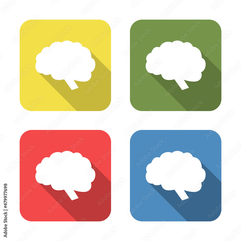 Brain. Medical icon isolated on green, yellow, blue and red background. First aid. Healthcare, medical and pharmacy sign. Square button. Brain. Medical icon isolated on green, yellow, blue and red background. First aid. Healthcare, medical and pharmacy sign. Square button.