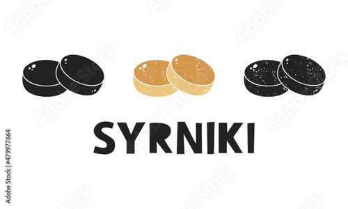 Syrniki, silhouette icons set with lettering. Cottage cheese pancake. Imitation of stamp, print with scuffs. Simple black shape and color vector illustration. Hand drawn isolated elements