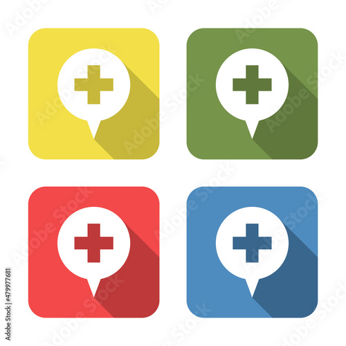 Cross. Medical icon isolated on green, yellow, blue and red background. First aid. Healthcare, medical and pharmacy sign. Square button.