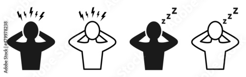 Set of icons: headache, anxiety, stress, fatigue, burnout, anger, nervous tension, sleeping work, aggression. Fatigue or exhausted, burnout on workplace. Tired or disease person. Vector.