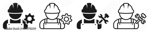Set of mechanic icon. Male worker person, avatar with hat and work overalls.