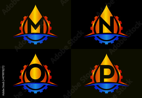 Initial M N O P monogram alphabet with gear swoosh and oil. Oil and gas logo concept. Font emblem photo