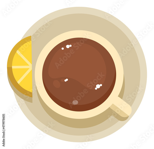 Cup of tea with lemon slice on saucer. Traditional english drink