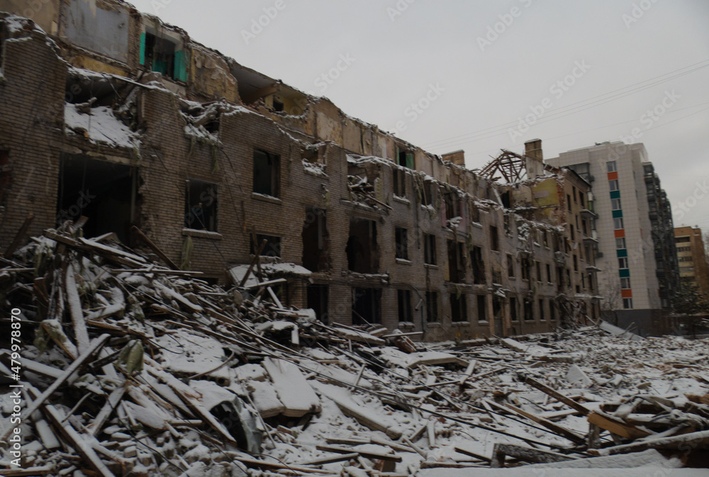 destroyed multi-storey residential building in the city