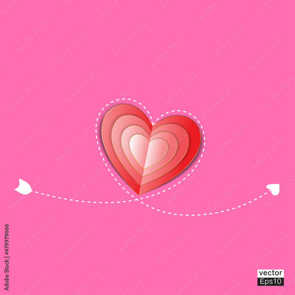 Red paper heart with gold  with White arrow pattern isolated pink background.Vector illustrator.