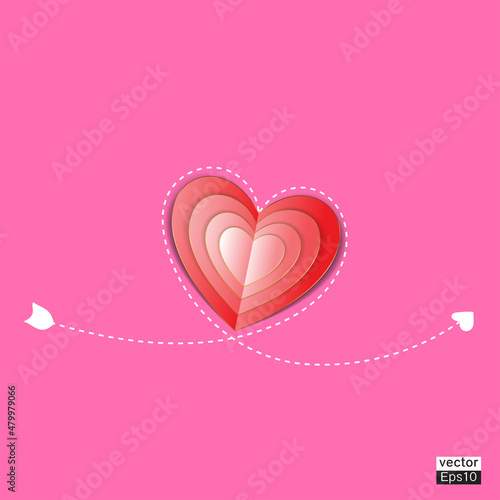 Red paper heart with gold  with White arrow pattern isolated pink background.Vector illustrator. © vensto