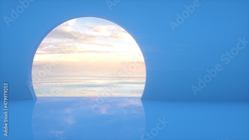 Fototapeta Naklejka Na Ścianę i Meble -  Abstract architecture design with blue empty space and round window against sea and sunset sky with clouds. Creative 3D illustration.