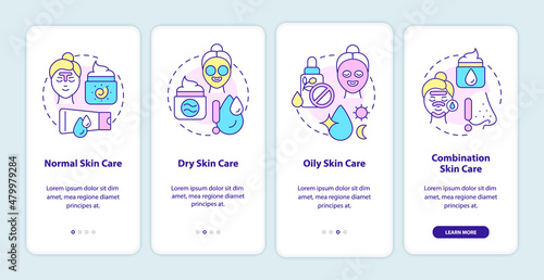 Skin types care onboarding mobile app screen. Beauty tips walkthrough 4 steps graphic instructions pages with linear concepts. UI, UX, GUI template. Myriad Pro-Bold, Regular fonts used photo