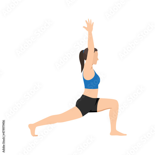 Woman doing Crescent Lunge pose or Anjaneyasana exercise. Flat vector illustration isolated on white background