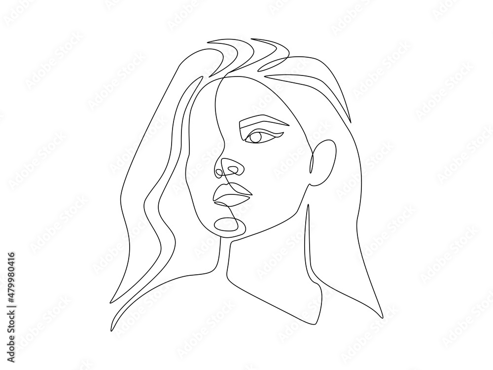 Abstract Woman face one continuous line drawing. Minimalistic abstract female portrait linear simple style for print t-shirt, slogan design, posters, postcards. Fashion concept. Vector illustration Abstract Woman face one continuous line drawing. Minimalistic abstract female portrait linear simple style for print t-shirt, slogan design, posters, postcards. Fashion concept. Vector illustration