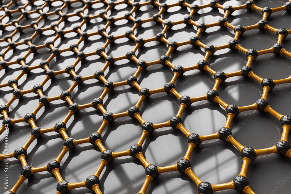 3D rendering of structure of the graphene or carbon surface, abstract nanotechnology hexagonal geometric form, atomic structure, graphene molecular structure 3D rendering of structure of the graphene or carbon surface, abstract nanotechnology hexagonal geometric form, atomic structure, graphene molecular structure