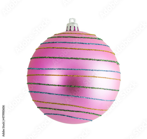Pink christmas ball with stripes isolated on white background. Clipping path included