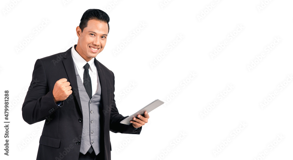 Portrait asian handsome man happy success in suit hold smart phone mobile on white background.