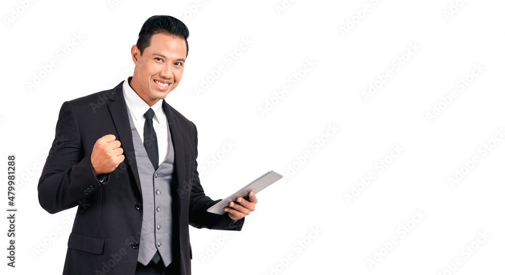 Portrait asian handsome man happy success in suit hold smart phone mobile on white background. Portrait asian handsome man happy success in suit hold smart phone mobile on white background.