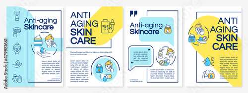 Anti-aging skincare blue and yellow brochure template. Booklet print design with linear icons. Vector layouts for presentation, annual reports, ads. Questrial-Regular, Lato-Regular fonts used