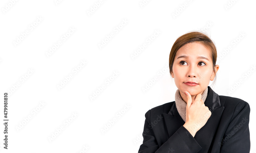 Portrait asian woman in suit thinking with copy space for your promotional or text on white background. Portrait asian woman in suit thinking with copy space for your promotional or text on white background.