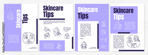 Skincare tips purple brochure template. Healthy skin routine. Booklet print design with linear icons. Vector layouts for presentation, annual reports, ads. Anton-Regular, Lato-Regular fonts used
