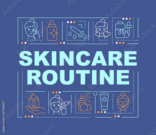 Skincare routine word concepts blue banner. Facial skin treatment. Infographics with linear icons on background. Isolated typography. Vector color illustration with text. Arial-Black font used