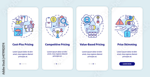 Pricing strategies onboarding mobile app screen. Price skimming walkthrough 4 steps graphic instructions pages with linear concepts. UI, UX, GUI template. Myriad Pro-Bold, Regular fonts used