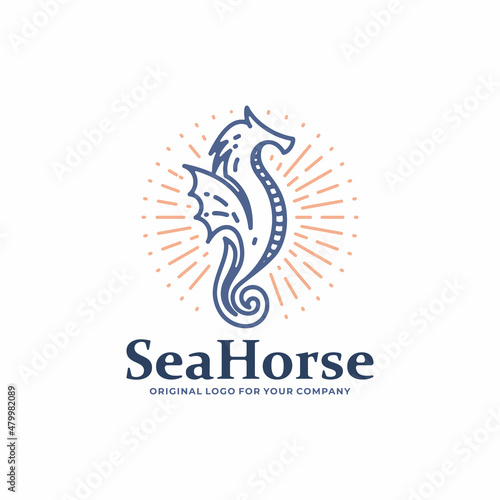 Line art Sea Horse logo design template.