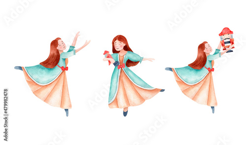 Watercolor Nutcracker Ballet. Girl with nutcracker
