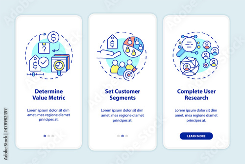 How to create pricing strategy onboarding mobile app screen. Value metric walkthrough 3 steps graphic instructions pages with linear concepts. UI, UX, GUI template. Myriad Pro-Bold, Regular fonts used