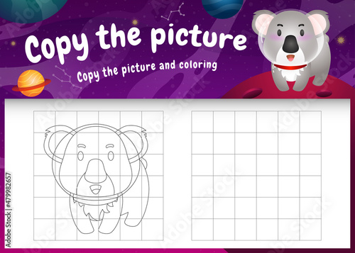 copy the picture kids game and coloring page with a cute koala in the space galaxy