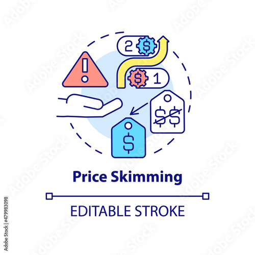 Price skimming concept icon. Pricing optimization abstract idea thin line illustration. Bringing product to market. Isolated outline drawing. Editable stroke. Roboto-Medium, Myriad Pro-Bold fonts used