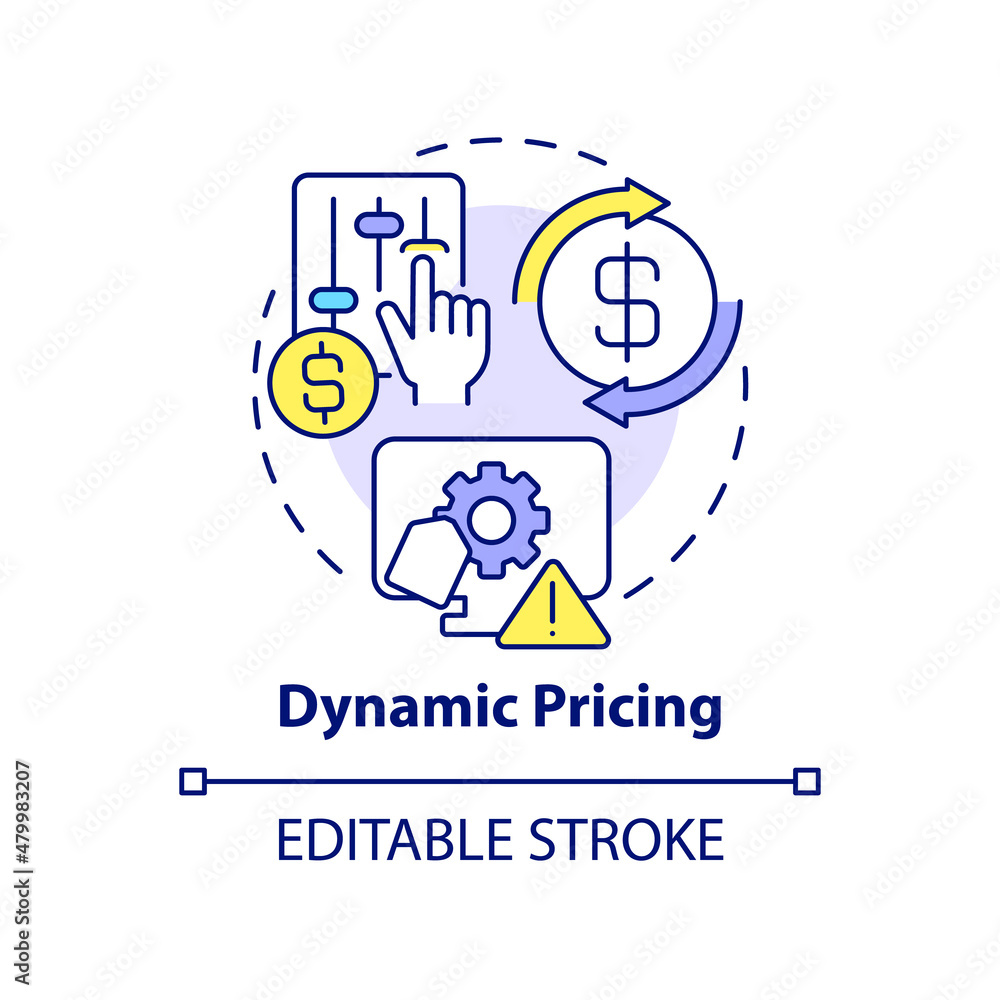Dynamic pricing concept icon. Marketing strategy abstract idea thin line illustration. Prices adjustment. Isolated outline drawing. Editable stroke. Roboto-Medium, Myriad Pro-Bold fonts used