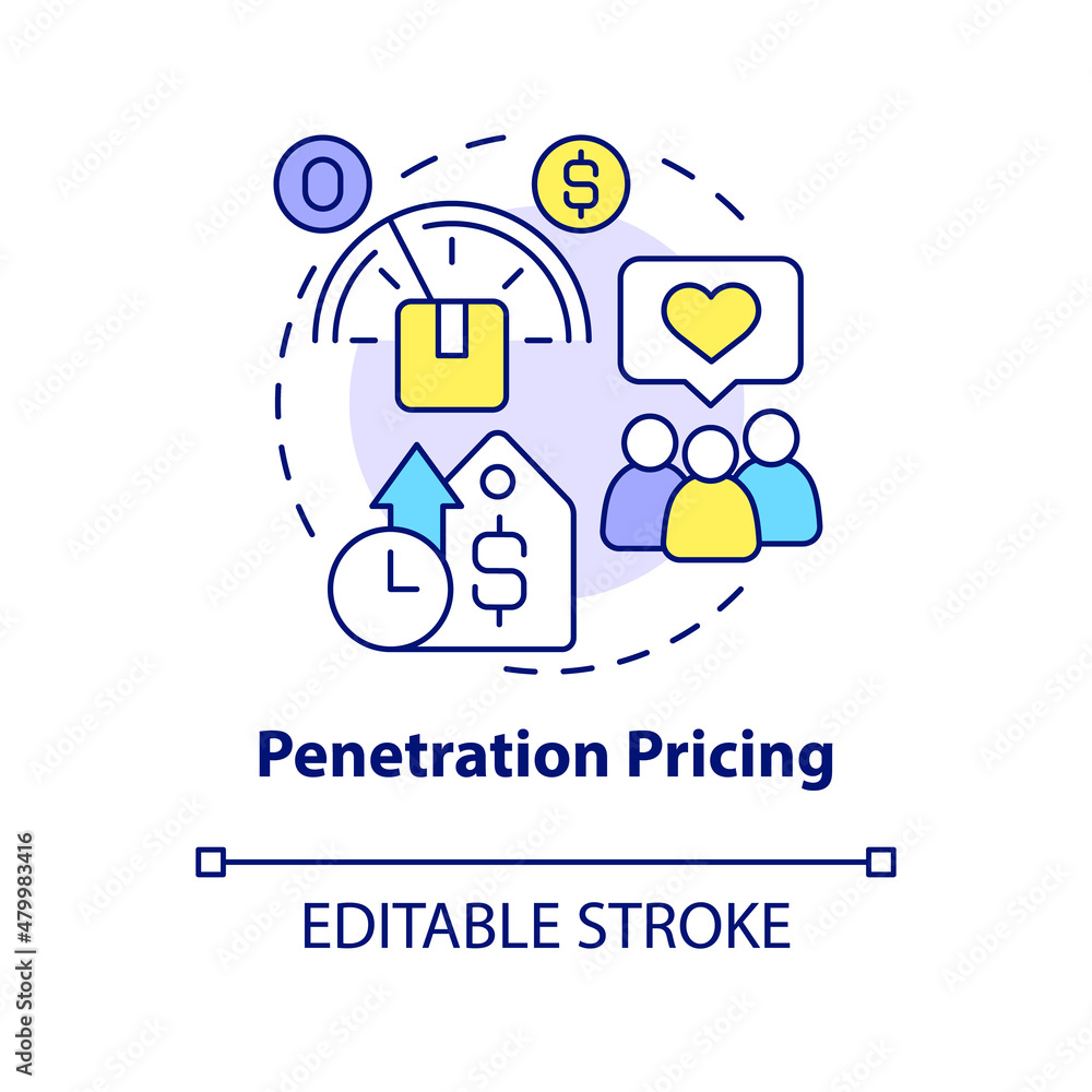Penetration pricing concept icon. Marketing strategy abstract idea thin line illustration. Predatory pricing. Isolated outline drawing. Editable stroke. Roboto-Medium, Myriad Pro-Bold fonts used Penetration pricing concept icon. Marketing strategy abstract idea thin line illustration. Predatory pricing. Isolated outline drawing. Editable stroke. Roboto-Medium, Myriad Pro-Bold fonts used