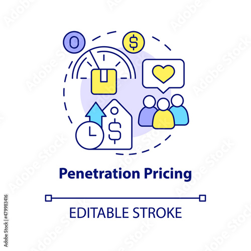 Penetration pricing concept icon. Marketing strategy abstract idea thin line illustration. Predatory pricing. Isolated outline drawing. Editable stroke. Roboto-Medium, Myriad Pro-Bold fonts used