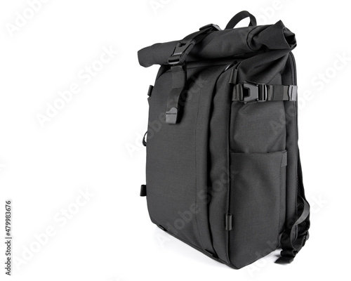 Black laptop backpack unisex accessories. Backpack isolated on White Background. Men's bag. photo