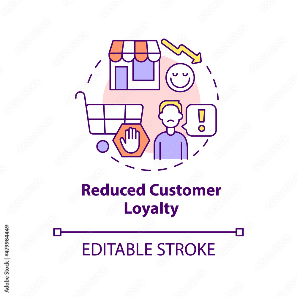 Reduced customer loyalty concept icon. Dynamic pricing weakness abstract idea thin line illustration. Isolated outline drawing. Editable stroke. Roboto-Medium, Myriad Pro-Bold fonts used