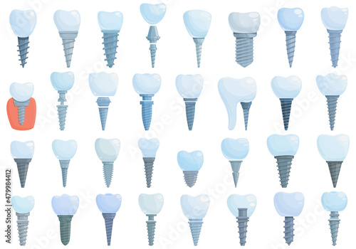 Dental implant icons set cartoon vector. Jaw surgery. Medicine screw