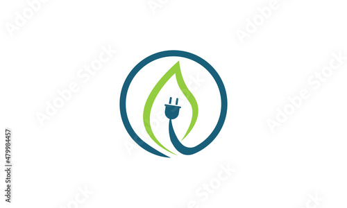 Eco Energy Vector Logo with leaf symbol. Green color with flash or thunder graphic. Nature and electricity renewable. This logo is suitable for technology, recycle, organic, plug.