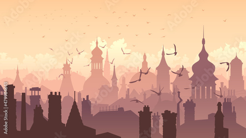 Fotografie, Obraz Horizontal vector illustration with old part of the historical city at sunset with steeples and spires