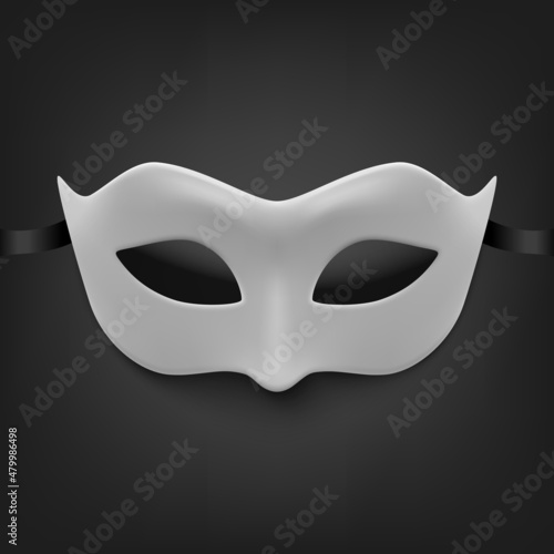 Vector 3d Realistic White Carnival Face Mask for Party Decoration, Masquerade Closeup. Design Template of Mask for Man or Woman. Carnival, Party, Secret, Hero, Stranger Concept
