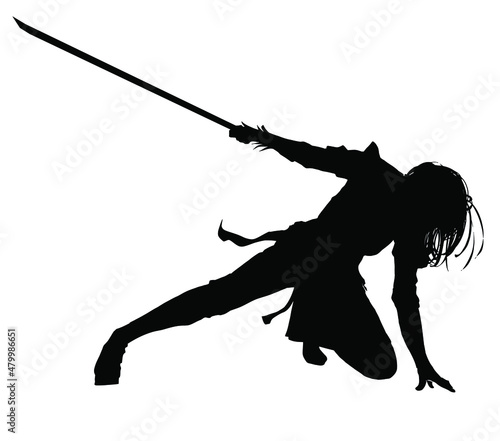 A black silhouette with a wounded female warrior with disheveled hair, she sits on one knee gathering strength to continue the battle, she holds a sword in one hand and leans on the other. 2d art