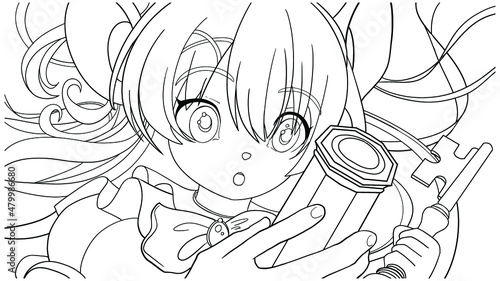 Linear coloring book with a beautiful girl mouse in style, she has round ears, cute bangs with a ribbon cross, she looks with surprise and curiosity at the octahedral artifact in her hand. 2d art