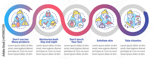 Skincare tips loop infographic template. Healthy procedure. Data visualization with 5 steps. Process timeline info chart. Workflow layout with line icons. Myriad Pro-Bold, Regular fonts used