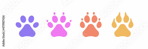 Set of different colored animal paw prints. Vector isolated illustration
