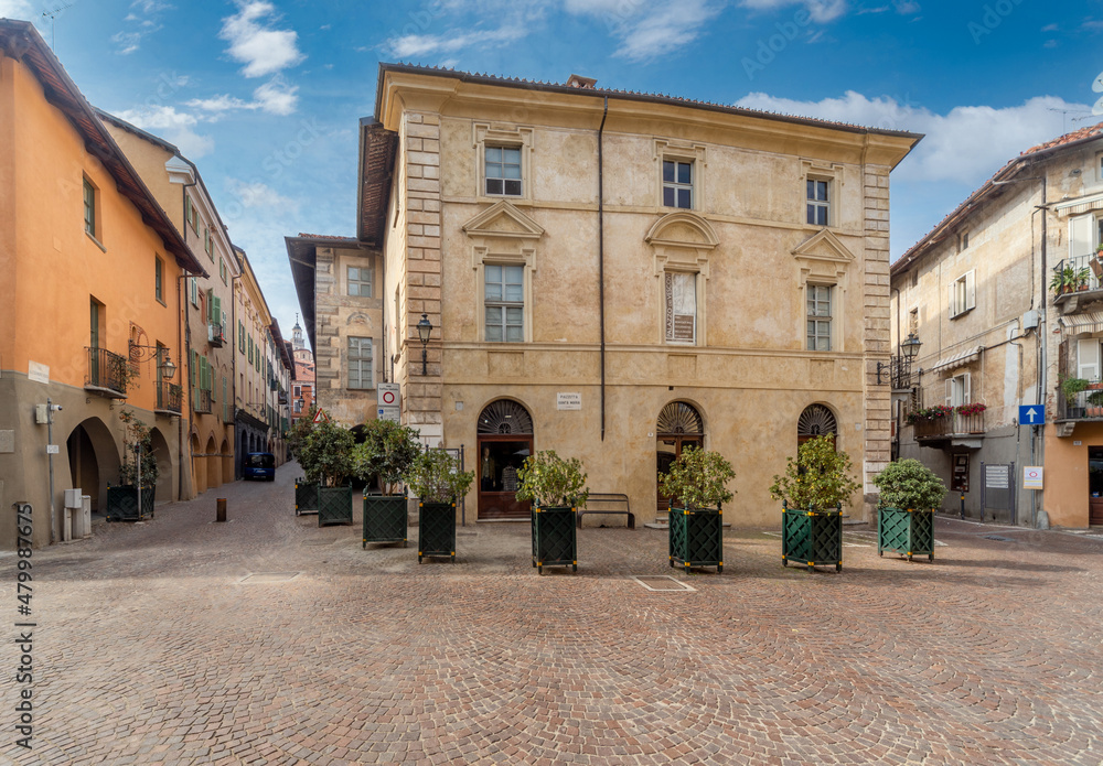 Saluzzo, Cuneo, Italy - Piazzetta Santa Maria with the Palazzo dei Vescovi, Palace of the Bishops, seat of the Diocesan Museum of Sacred Art and Diocesan Library.